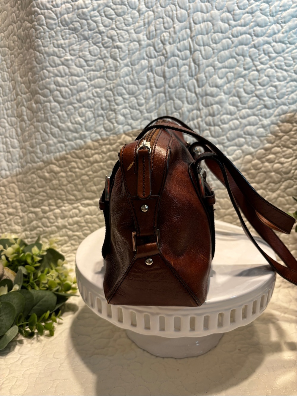Etienne Aigner Brown Leather Satchel with Buckle Straps - Picture 4 of 12